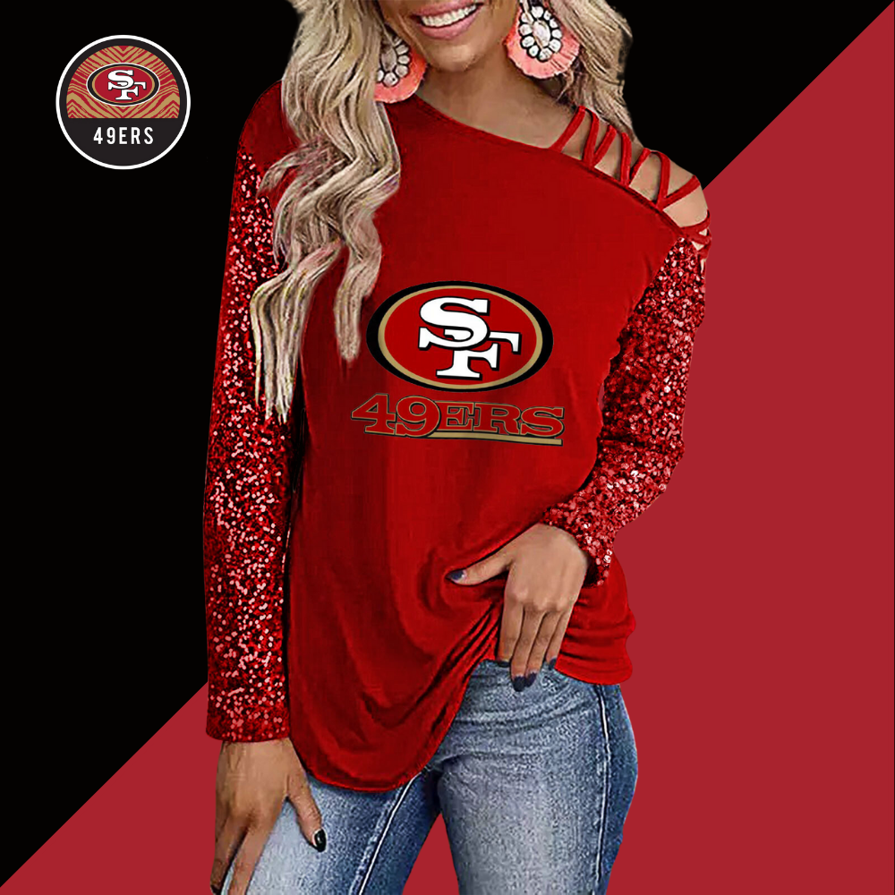 Color-Blocked Criss-Cross One Shoulder Blouse-San Francisco 49ers - fitnfan