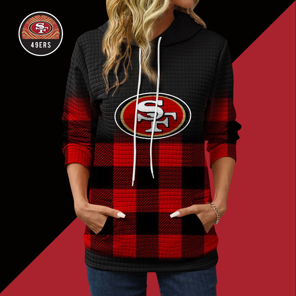 Gradient Patchwork Plaid Long Sleeve Hoodie-San Francisco 49ers - fitnfan