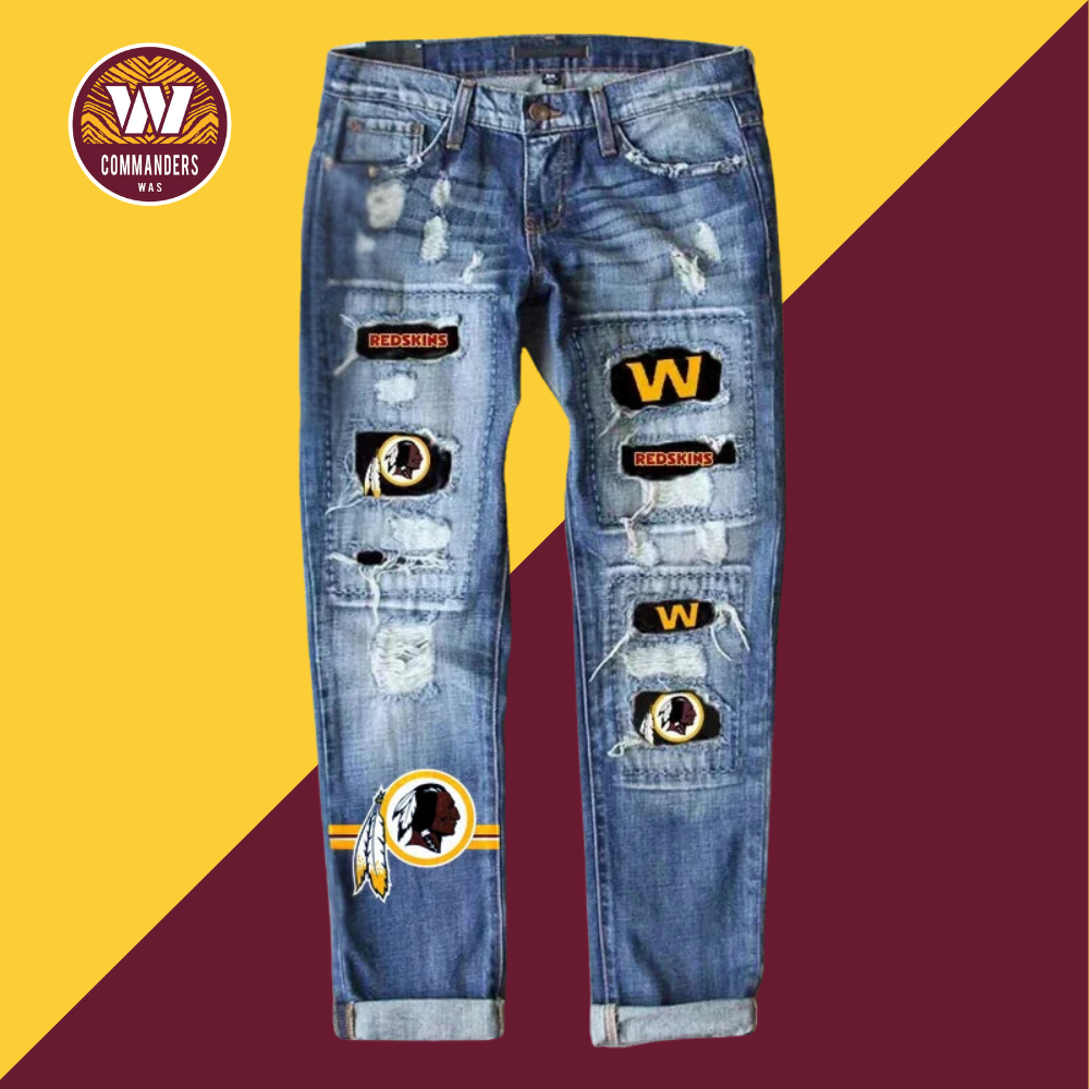 Casual fashion perforated printed jeans-Washington Commanders - fitnfan
