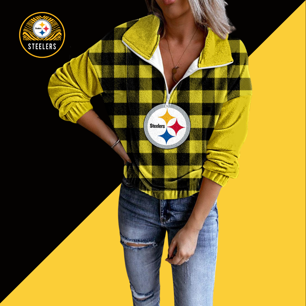 Unisex Plaid Quarter Zip Sweatshirt-Pittsburgh Steelers - fitnfan