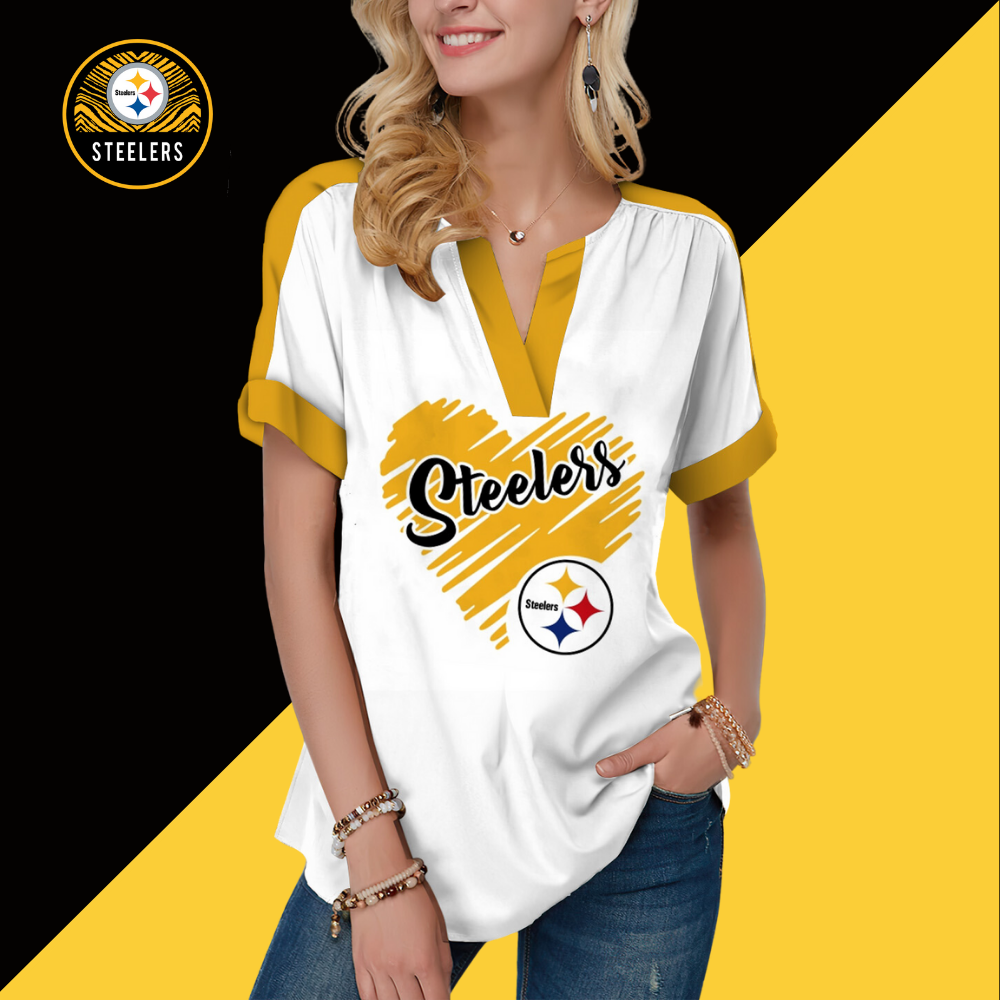 New Fashion Short Sleeve V-Neck Shirt-Pittsburgh Steelers - fitnfan