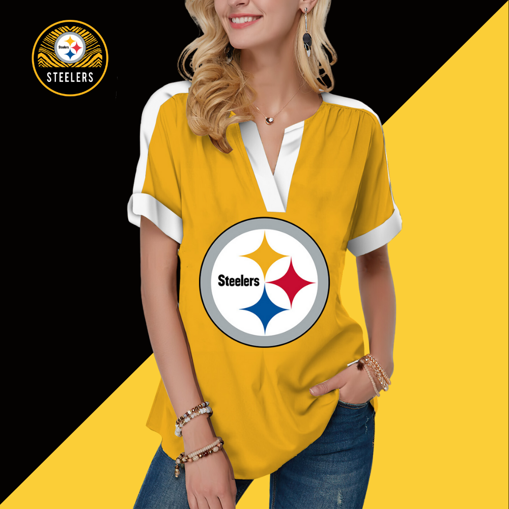 New  Fashion Short Sleeve V-Neck Shirt-Pittsburgh Steelers - fitnfan