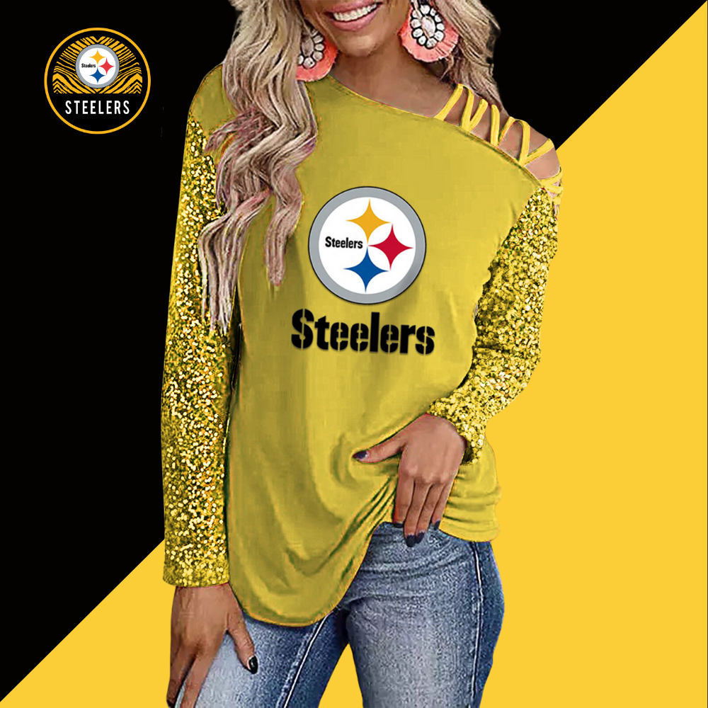 Color-Blocked Criss-Cross One Shoulder Blouse-Pittsburgh Steelers - fitnfan