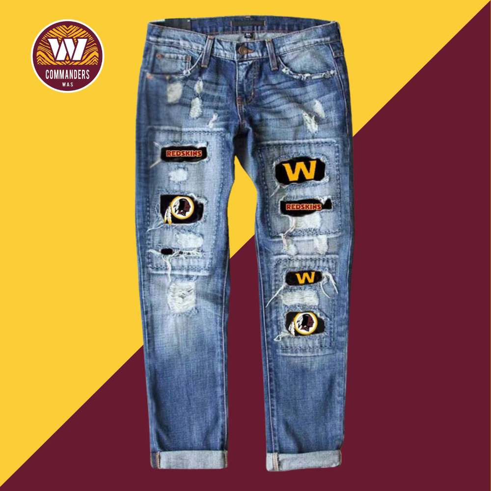 Casual fashion perforated printed jeans-Washington Commanders - fitnfan