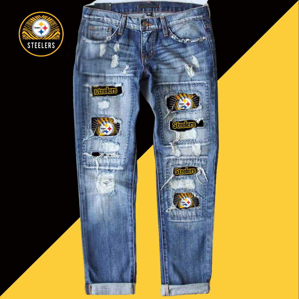 Casual fashion perforated printed jeans-Pittsburgh Steelers - fitnfan