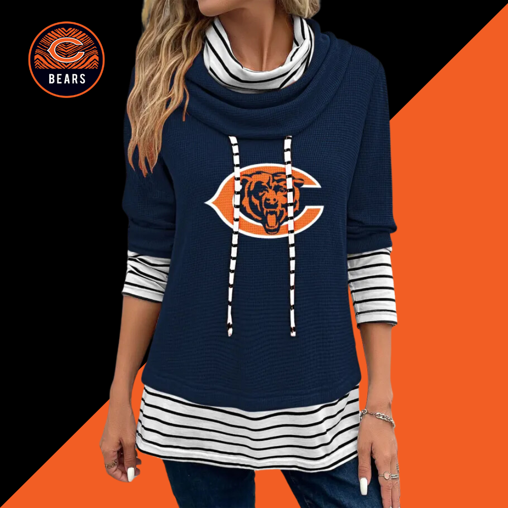 Patchwork Striped Cowl Neck Long Sleeve Sweatshirt-Chicago Bears - fitnfan