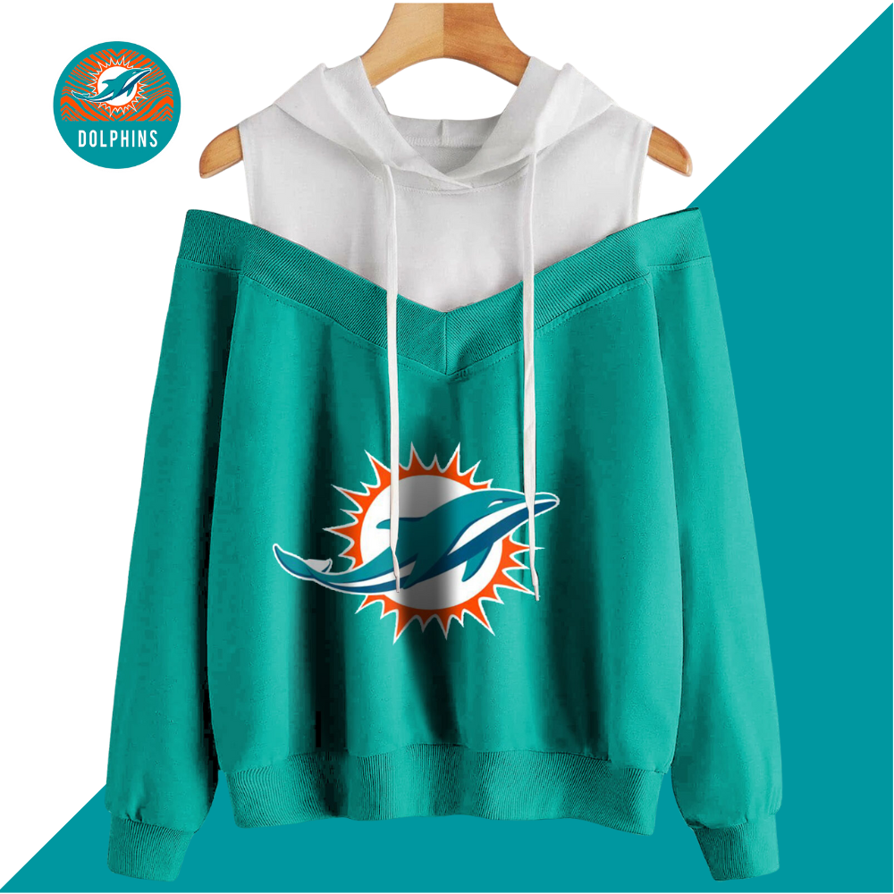 2 In 1 Colorblock Cold Shoulder Hoodie-Miami Dolphins - fitnfan