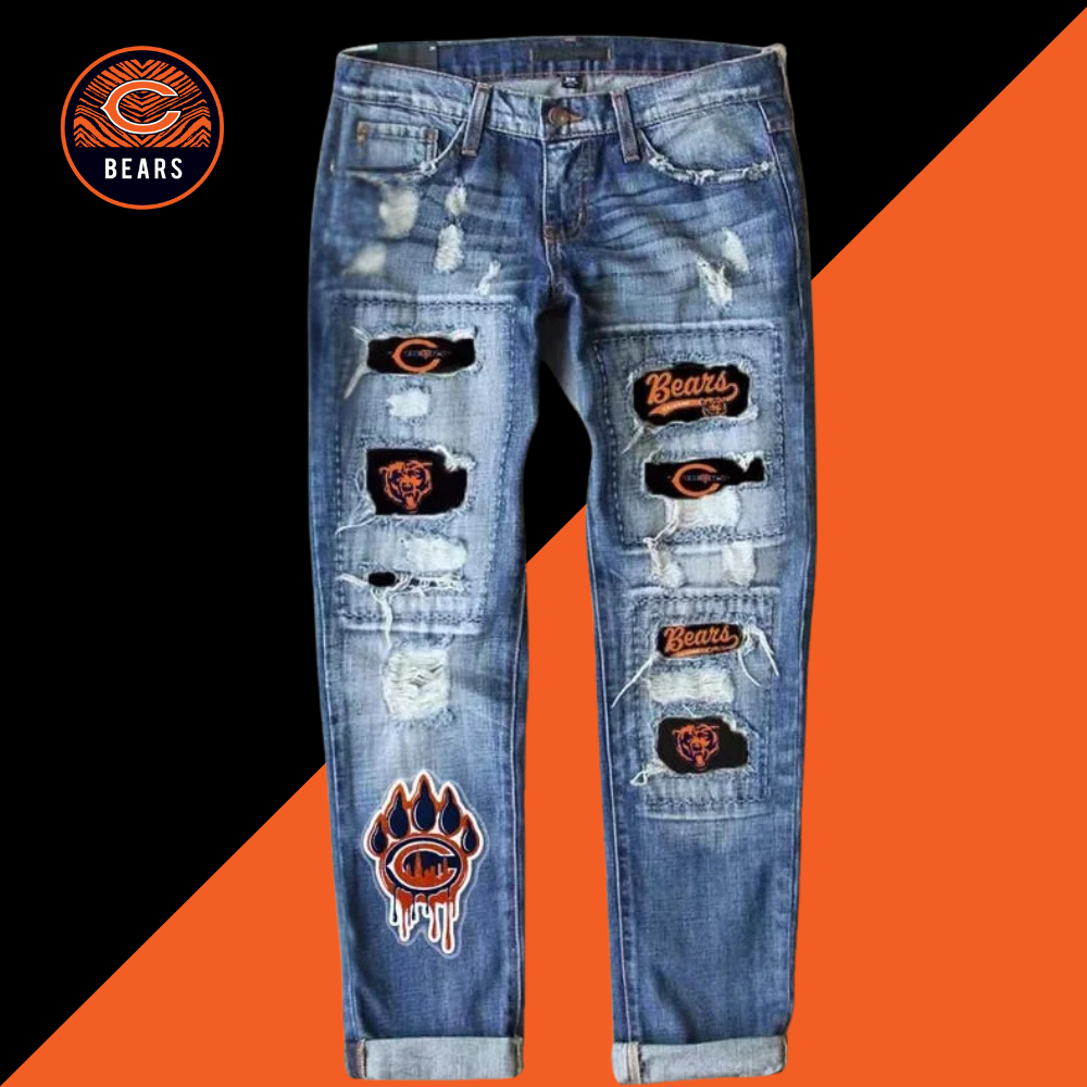 Casual fashion perforated printed jeans-Chicago Bears - fitnfan