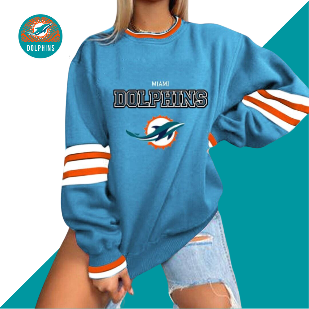 Miami Dolphins Loose Urban Casual Letter Crew Neck Pullover Sweatshirt-Miami Dolphins - fitnfan
