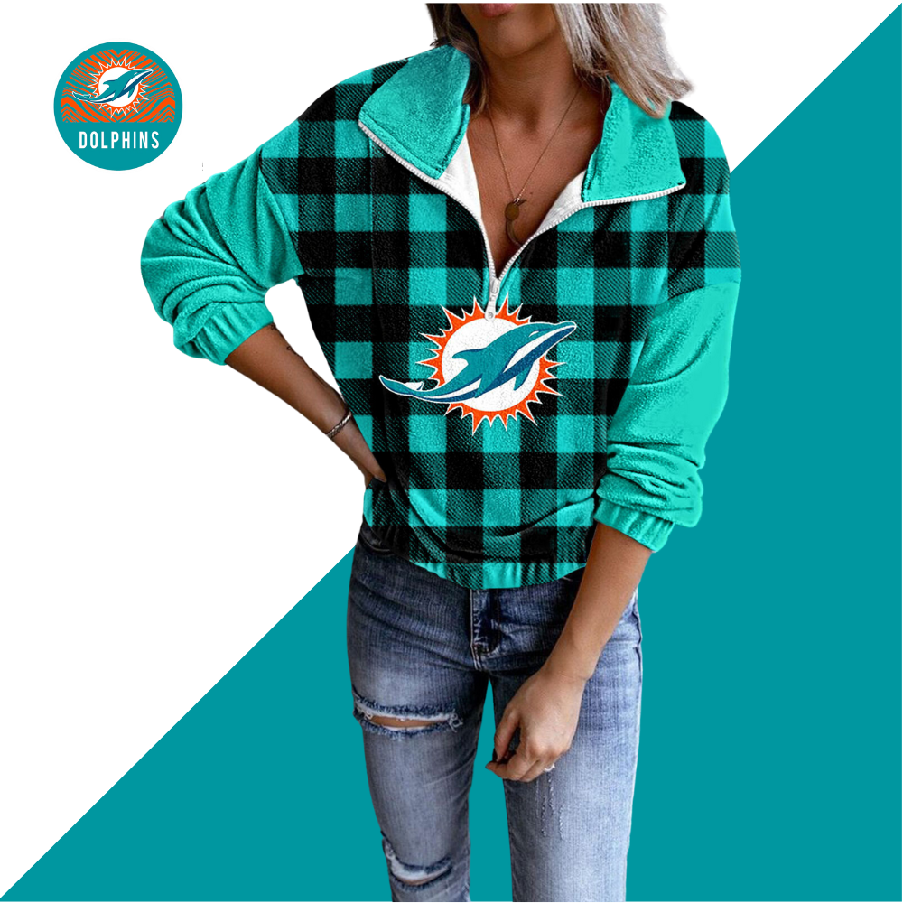 Unisex Plaid Quarter Zip Sweatshirt-Miami Dolphins - fitnfan