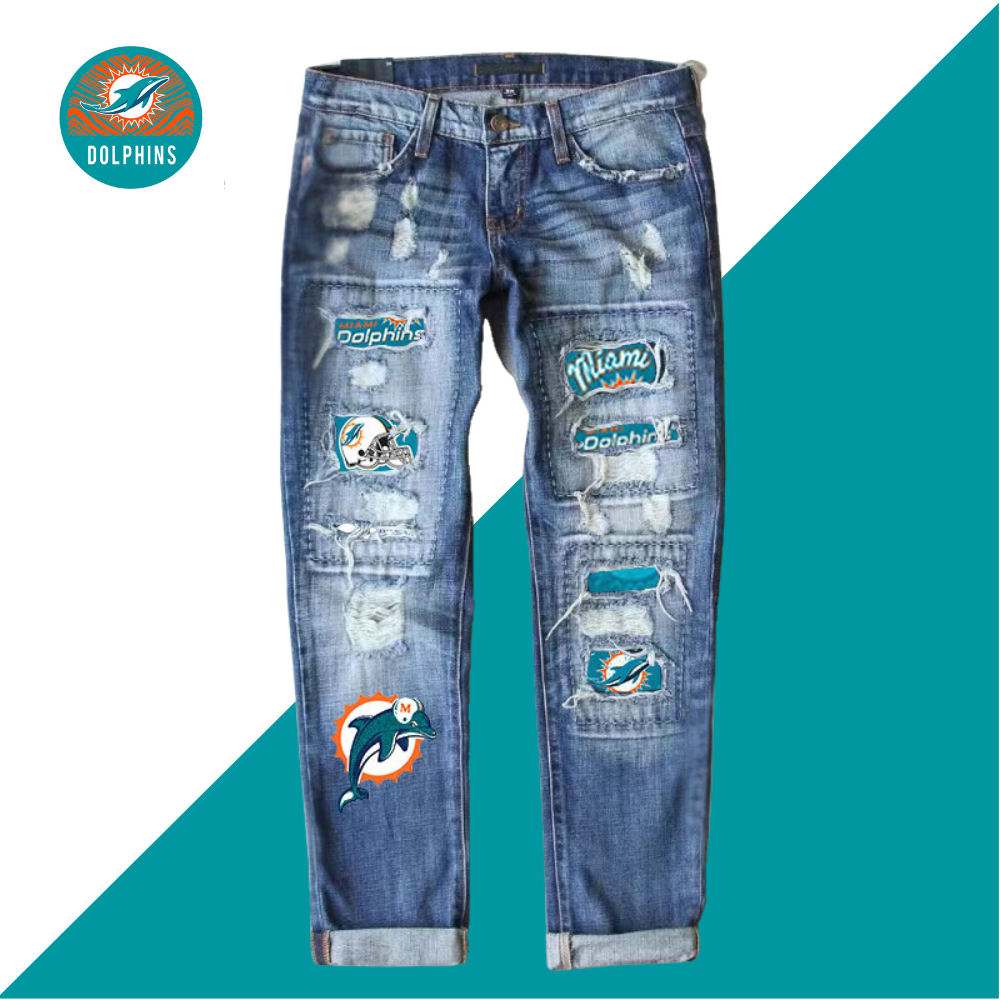 Casual fashion perforated printed jeans-Miami Dolphins - fitnfan