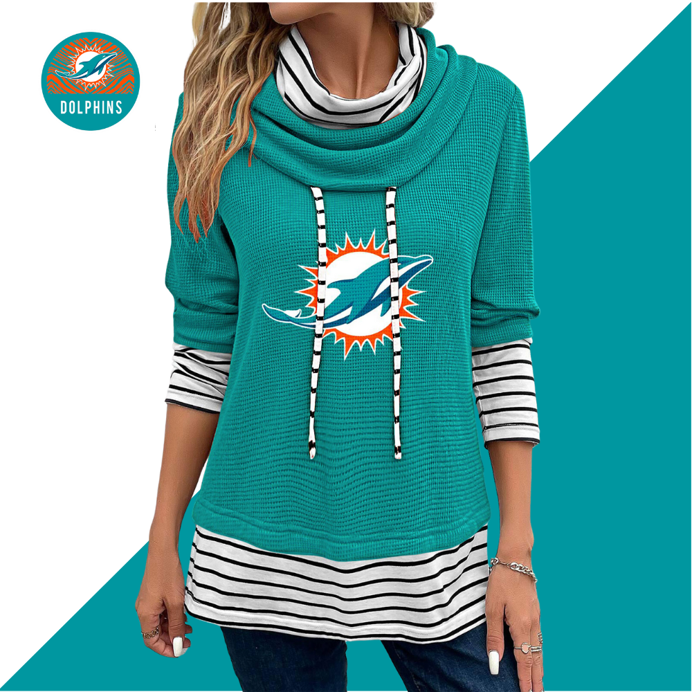 Patchwork Striped Cowl Neck Long Sleeve Sweatshirt-Miami Dolphins - fitnfan