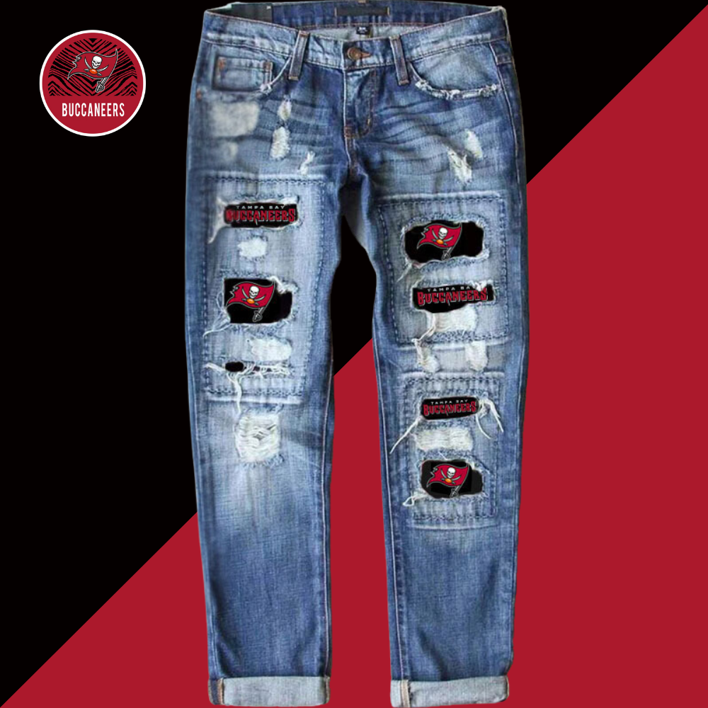 Casual fashion perforated printed jeans-Tampa Bay Buccaneers - fitnfan