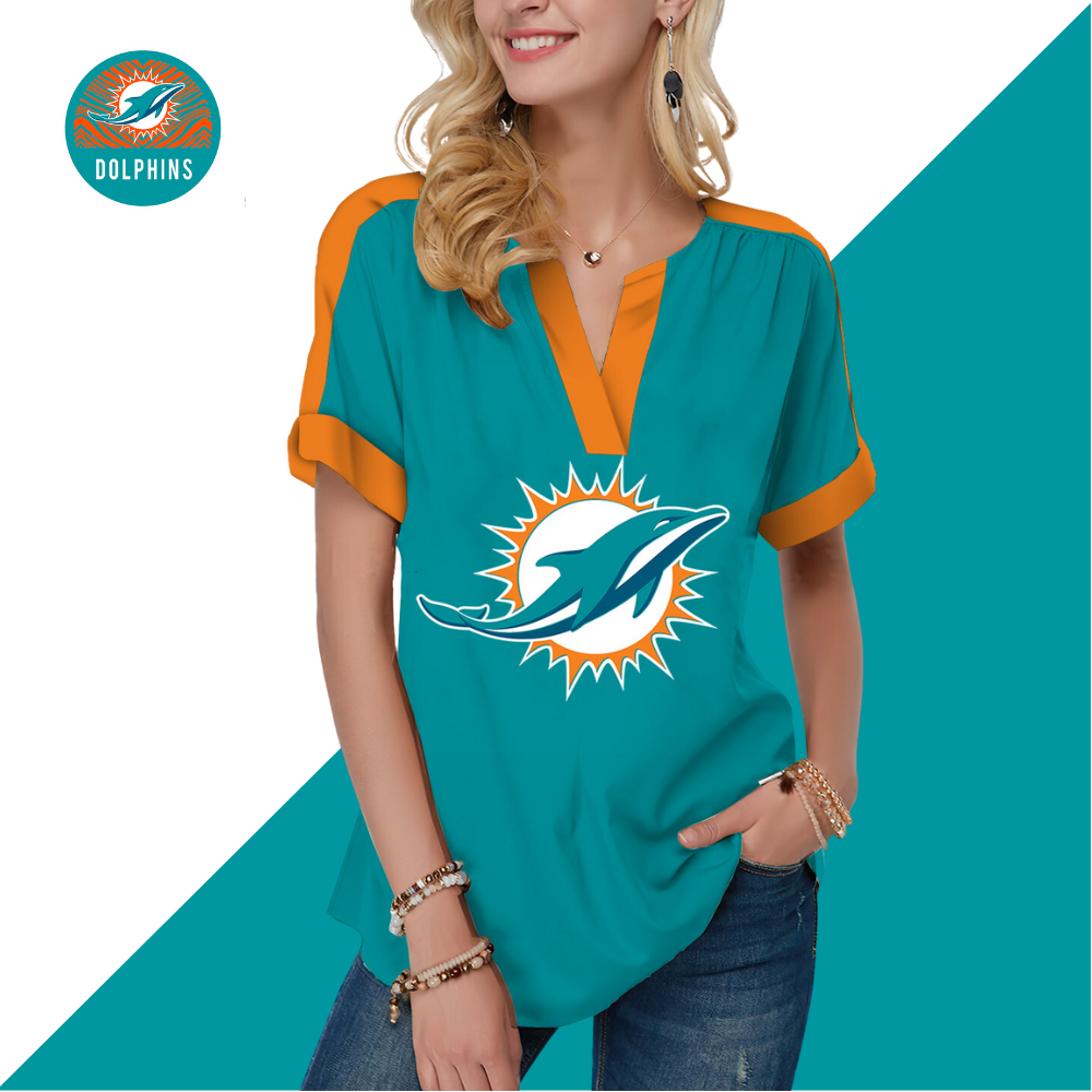 Miami Dolphins  Fashion Short Sleeve V-Neck Shirt-Miami Dolphins - fitnfan