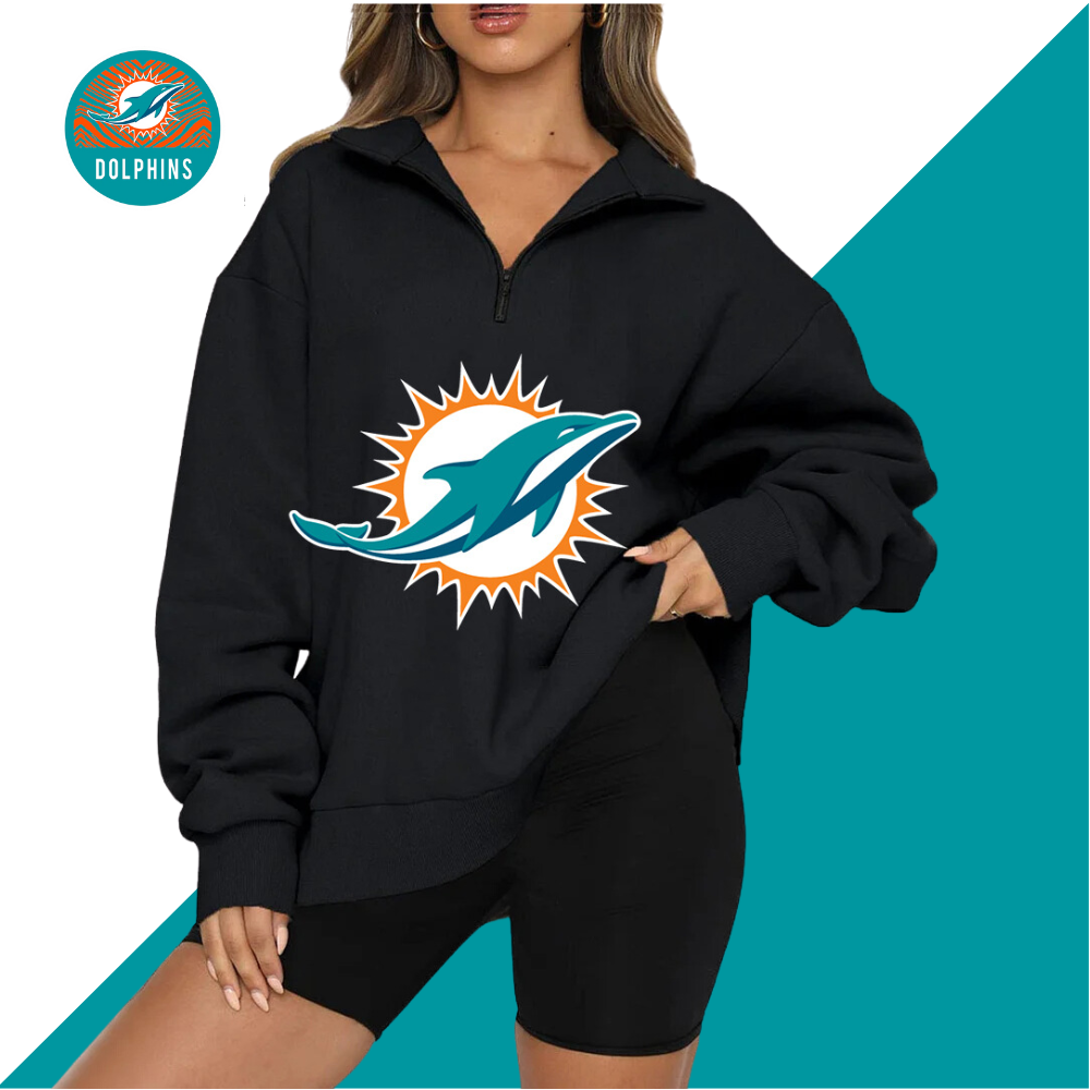 New Ladies Sports Leisure Lapel Zipper Sweatshirt-Miami Dolphins - fitnfan