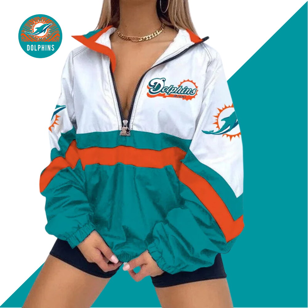 Women's Football Print V Neck Zipper Sweatshirt Jacket-Miami Dolphins - fitnfan