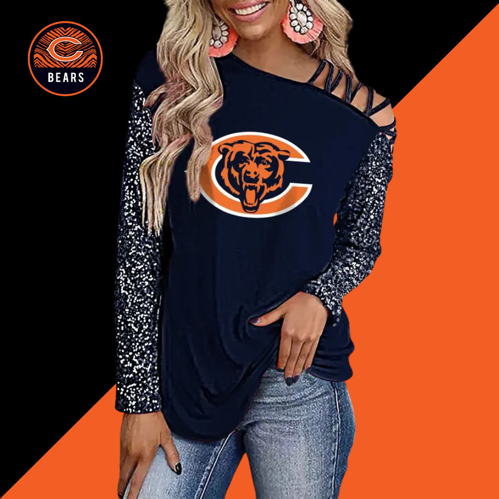 Color-Blocked Criss-Cross One Shoulder Blouse-Chicago Bears - fitnfan