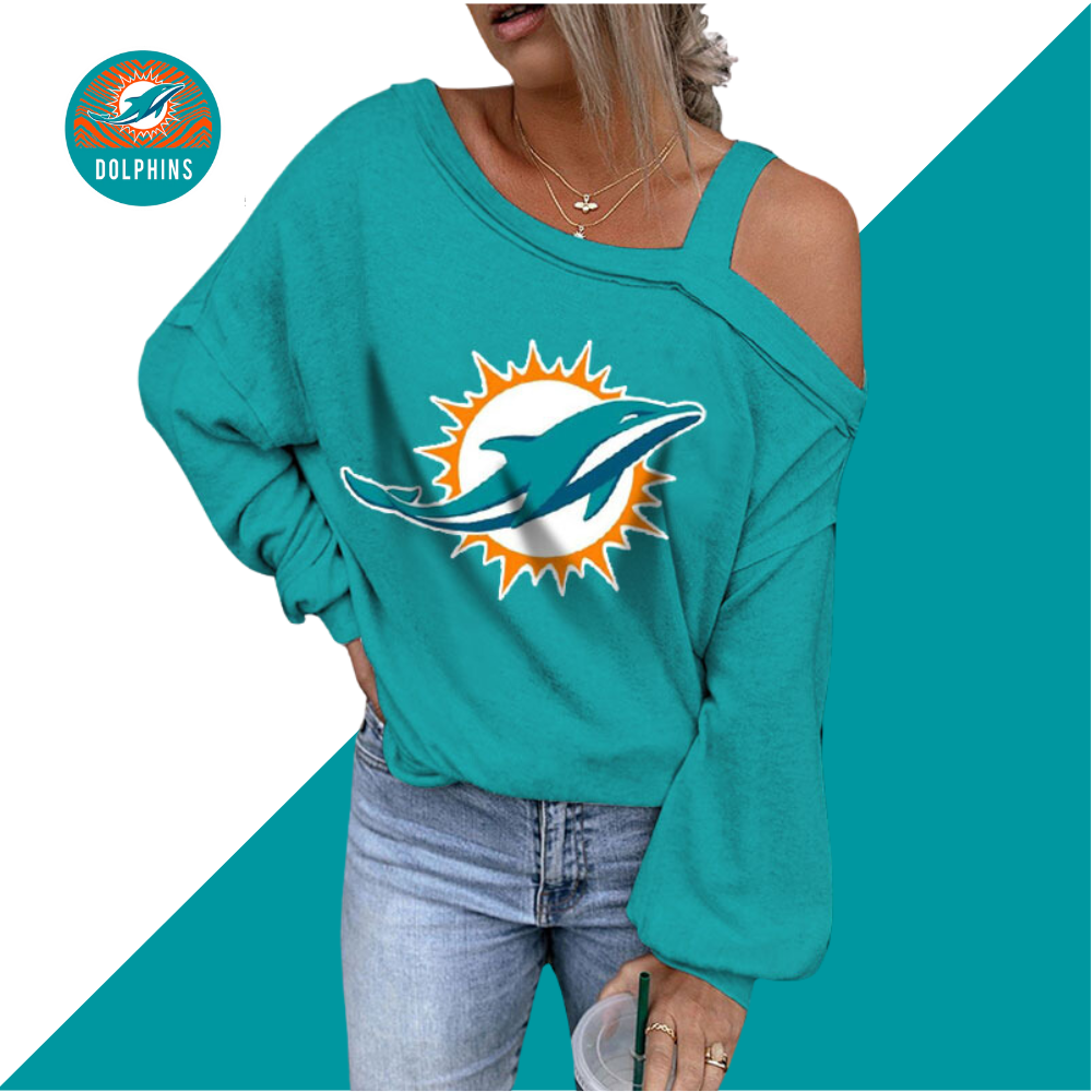ASYMMETRICAL NECK SHIFT Casual LONG SLEEVE TOP-Miami Dolphins - fitnfan