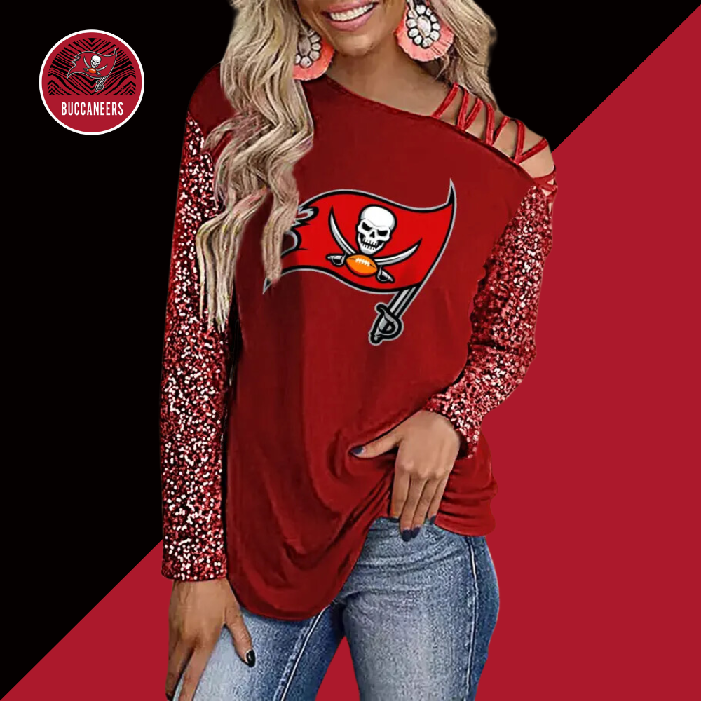 Color-Blocked Criss-Cross One Shoulder Blouse-Tampa Bay Buccaneers - fitnfan