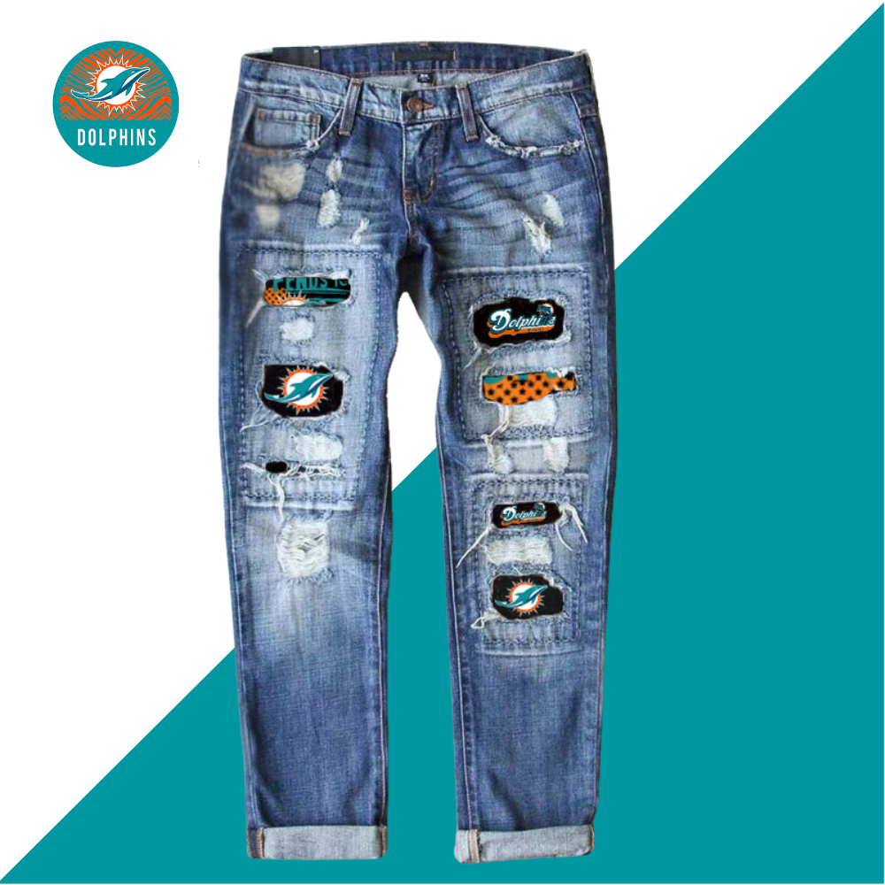 Casual fashion perforated printed jeans-Miami Dolphins - fitnfan