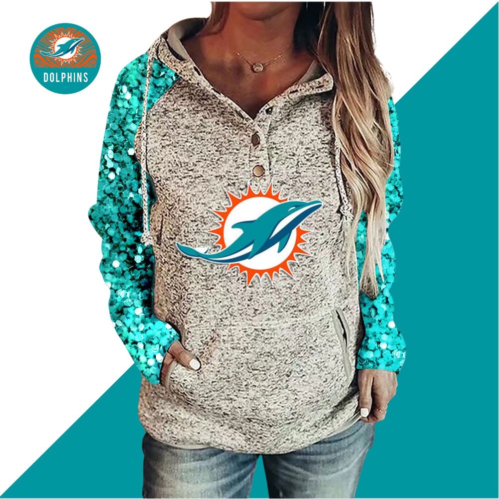 Casual Sequined Sleeves Loose Stitched Print Hoodie-Miami Dolphins - fitnfan