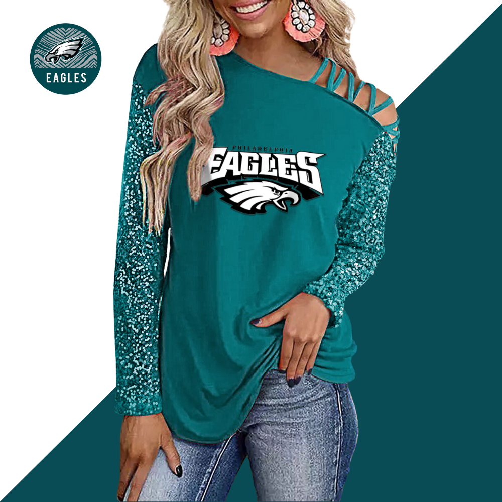 Color-Blocked Criss-Cross One Shoulder Blouse-Philadelphia Eagles - fitnfan