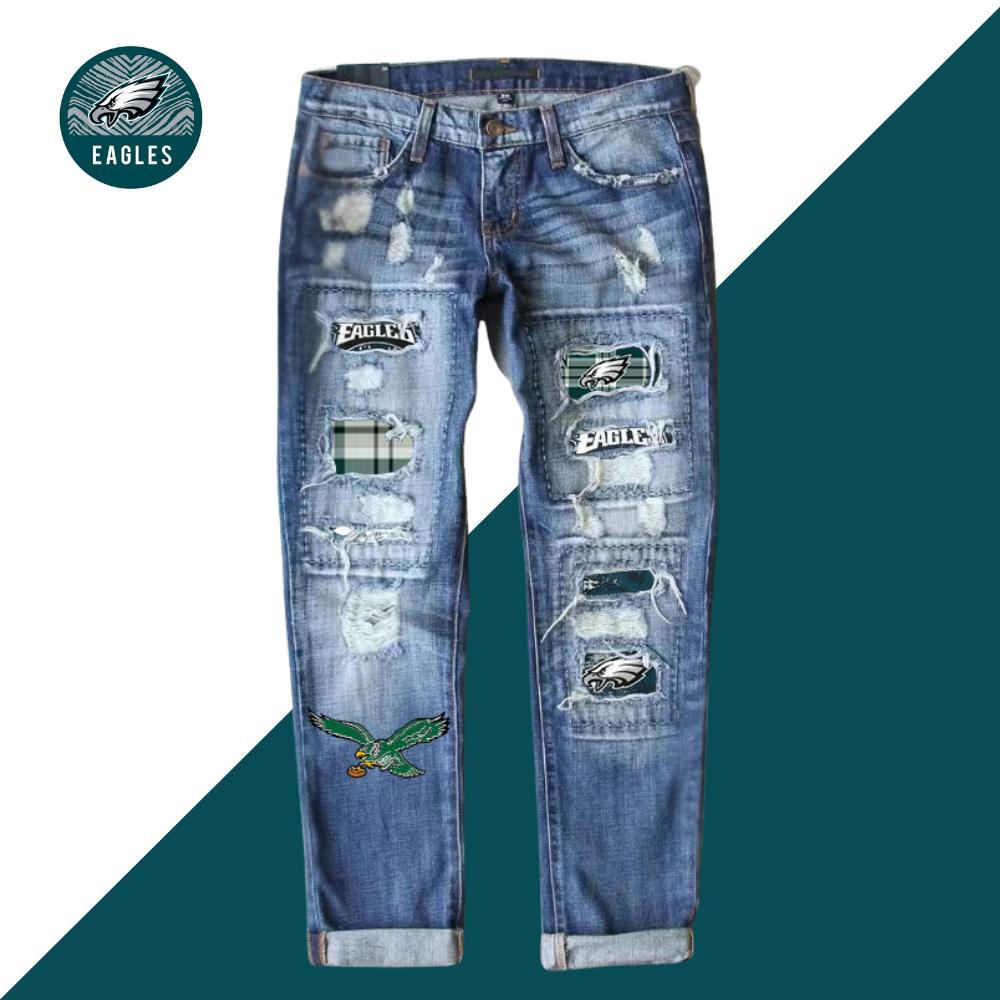 Casual fashion perforated printed jeans-Philadelphia Eagles - fitnfan