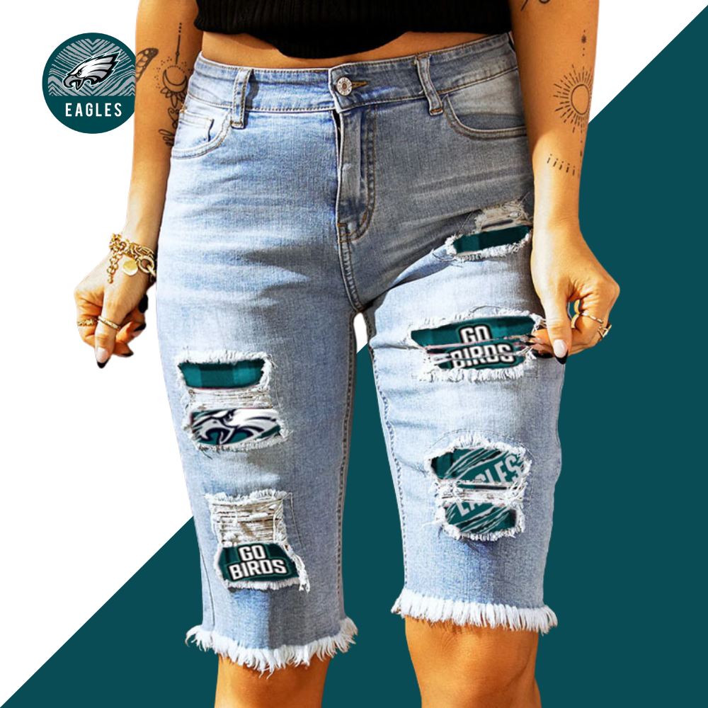 Casual fashion perforated printed jeans-Philadelphia Eagles - fitnfan