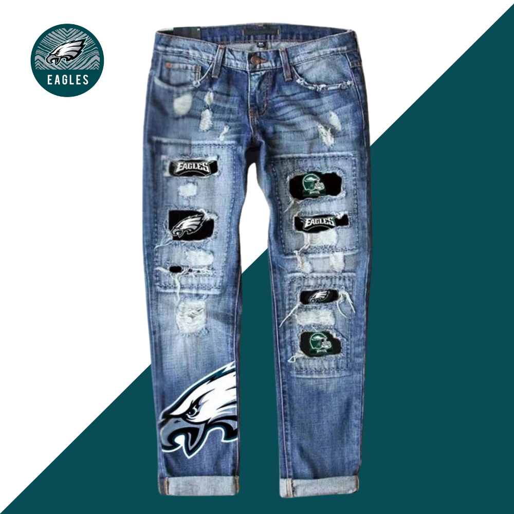 Casual fashion perforated printed jeans-Philadelphia Eagles - fitnfan