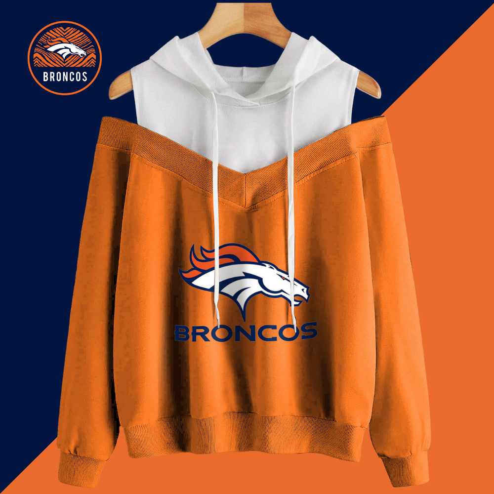 2 In 1 Colorblock Cold Shoulder Hoodie-Denver Broncos - fitnfan