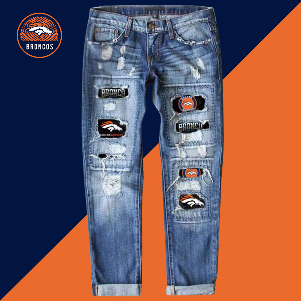 Casual fashion perforated printed jeans-Denver Broncos - fitnfan