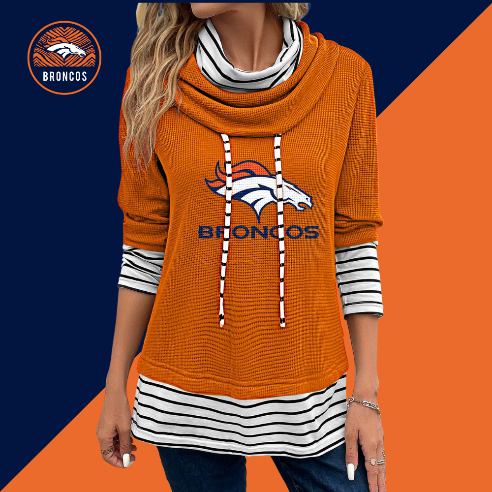 Patchwork Striped Cowl Neck Long Sleeve Sweatshirt-Denver Broncos - fitnfan