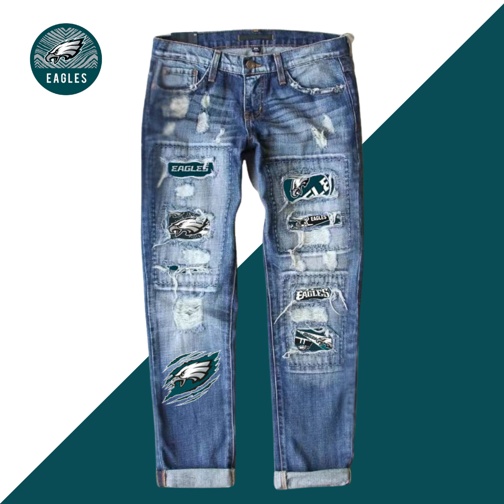 Casual fashion perforated printed jeans-Philadelphia Eagles - fitnfan