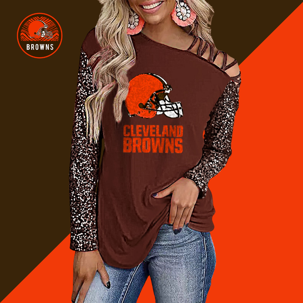 Color-Blocked Criss-Cross One Shoulder Blouse-Cleveland Browns - fitnfan