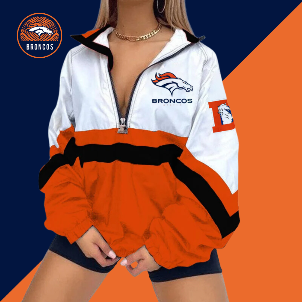 Women's Football Print V Neck Zipper Sweatshirt Jacket-Denver Broncos - fitnfan