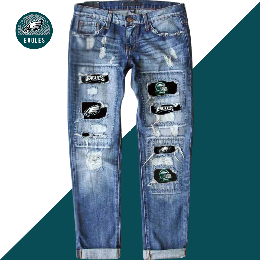 Casual fashion perforated printed jeans-Philadelphia Eagles - fitnfan