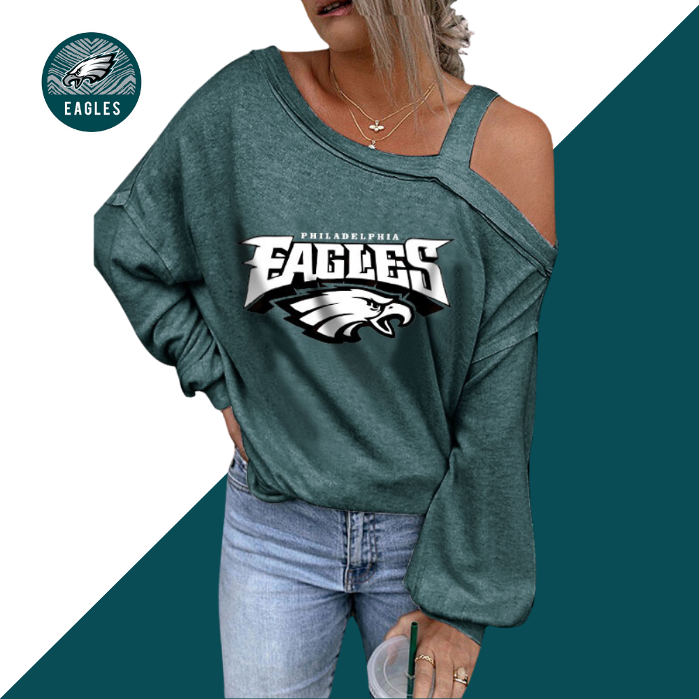 ASYMMETRICAL NECK SHIFT Casual LONG SLEEVE TOP-Philadelphia Eagles - fitnfan
