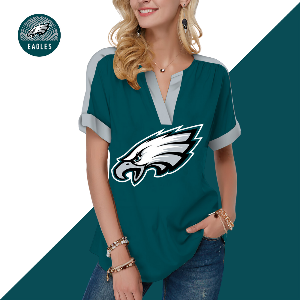New  Fashion Short Sleeve V-Neck Shirt-Philadelphia Eagles - fitnfan