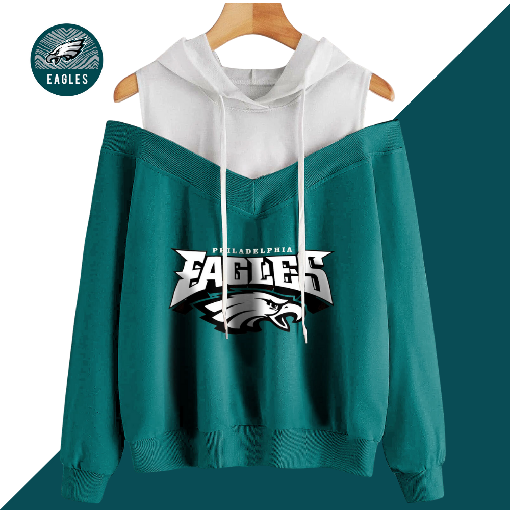 2 In 1 Colorblock Cold Shoulder Hoodie-Philadelphia Eagles - fitnfan