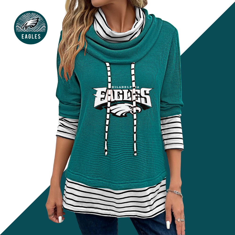 Patchwork Striped Cowl Neck Long Sleeve Sweatshirt-Philadelphia Eagles - fitnfan