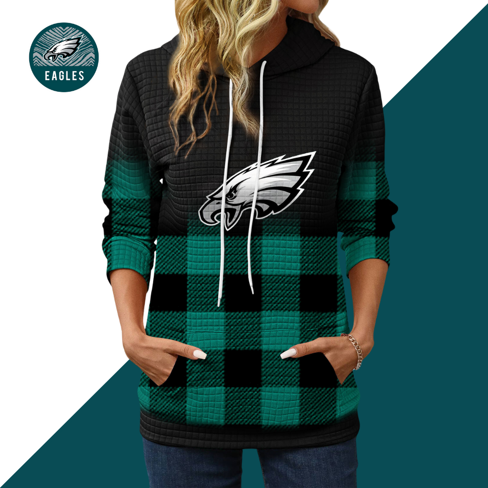 Gradient Patchwork Plaid Long Sleeve Hoodie-Philadelphia Eagles - fitnfan