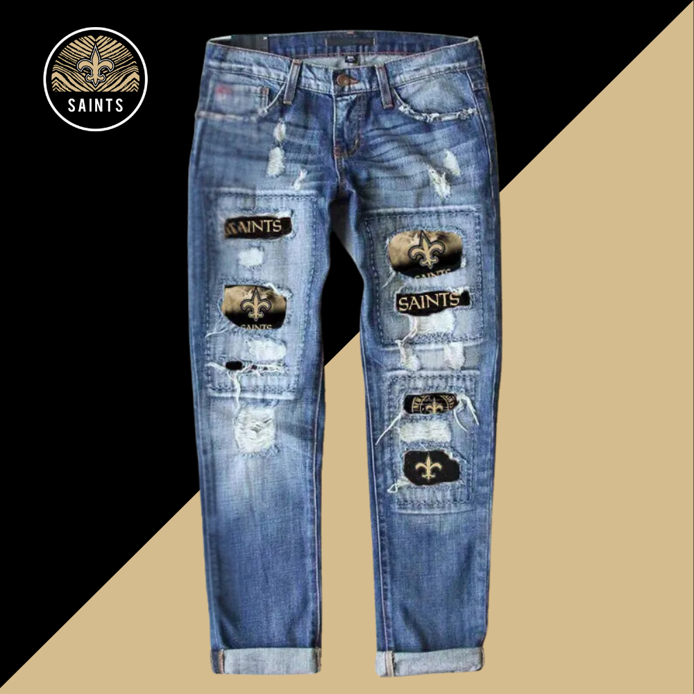 Casual fashion perforated printed jeans-New Orleans Saints - fitnfan