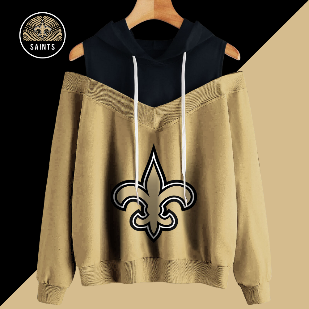 2 In 1 Colorblock Cold Shoulder Hoodie-New Orleans Saints - fitnfan