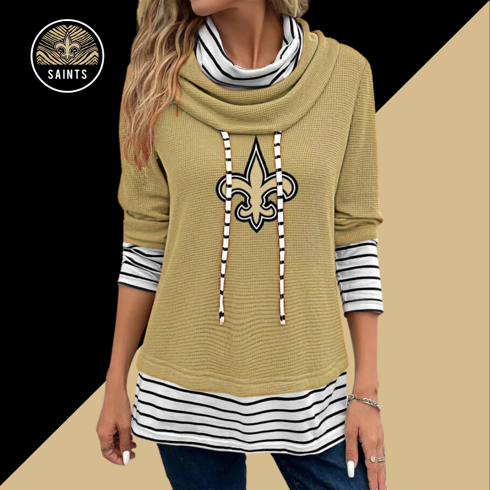 Patchwork Striped Cowl Neck Long Sleeve Sweatshirt-New Orleans Saints - fitnfan