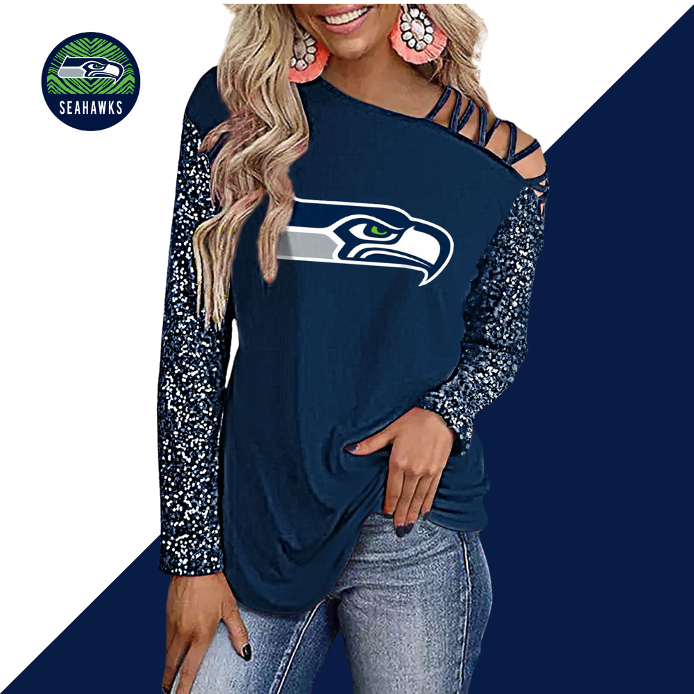 Color-Blocked Criss-Cross One Shoulder Blouse-Seattle Seahawks - fitnfan