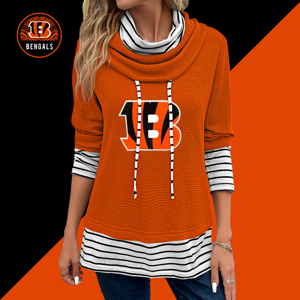 Patchwork Striped Cowl Neck Long Sleeve Sweatshirt-Cincinnati Bengals - fitnfan