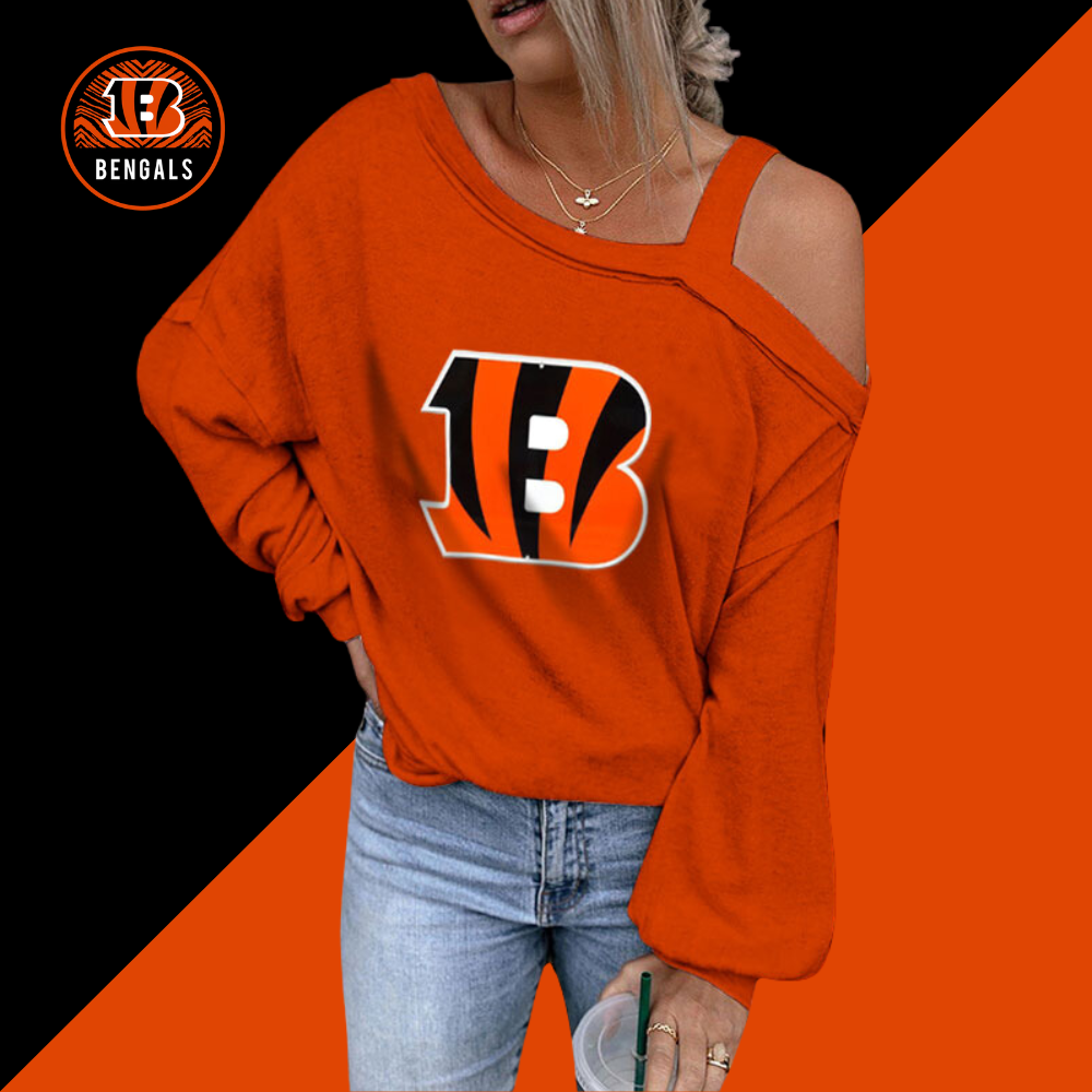 ASYMMETRICAL NECK SHIFT Casual LONG SLEEVE TOP-Cincinnati Bengals - fitnfan