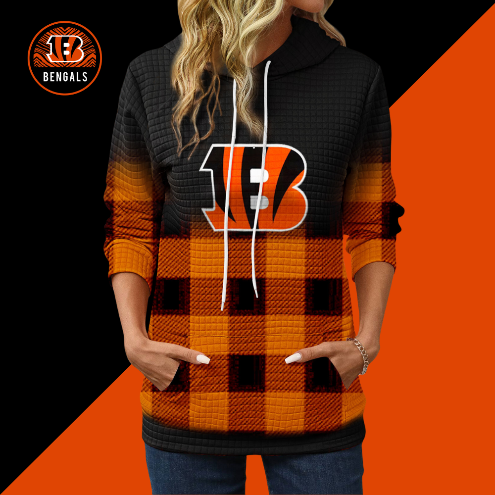 Gradient Patchwork Plaid Long Sleeve Hoodie-Cincinnati Bengals - fitnfan