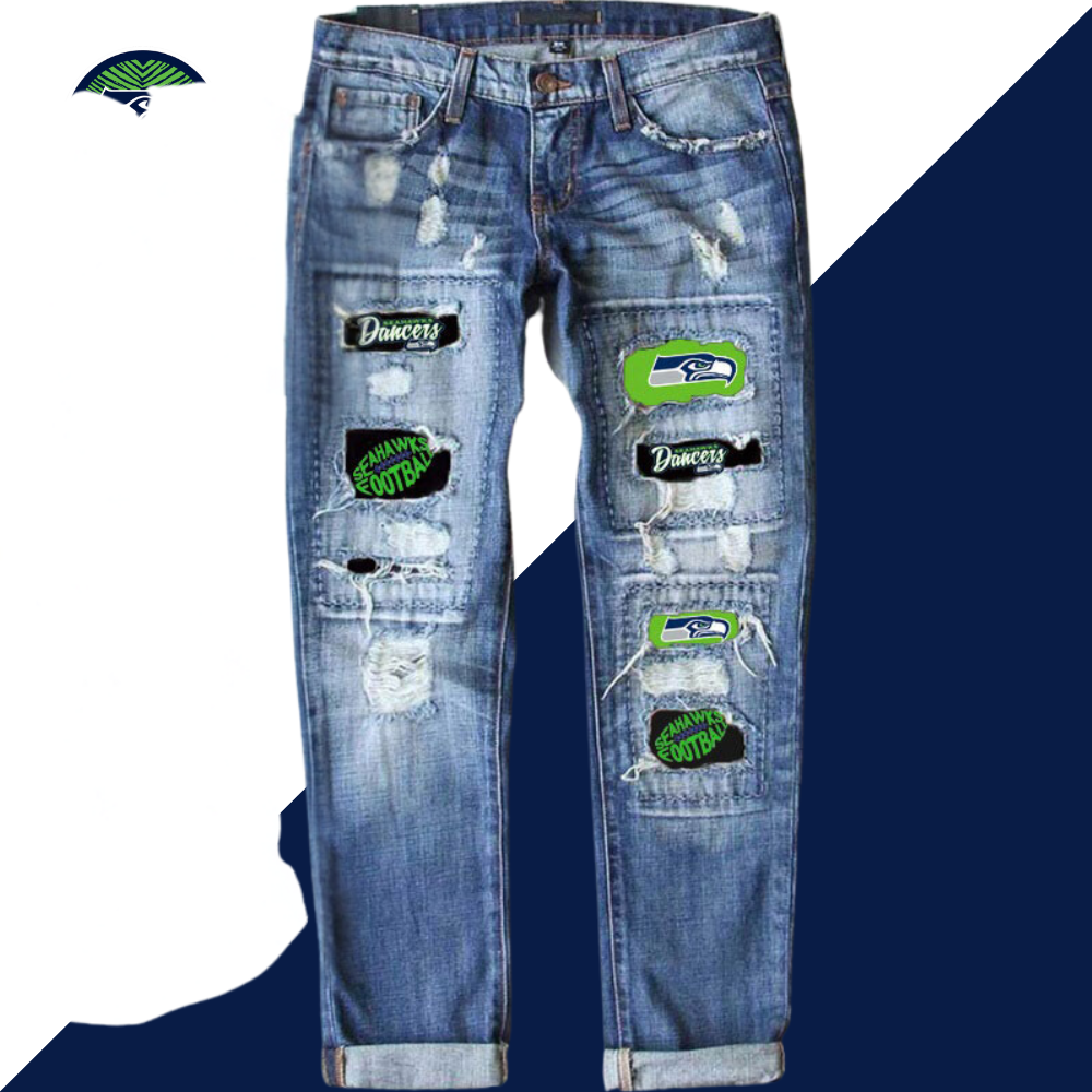 Casual fashion perforated printed jeans-Seattle Seahawks - fitnfan