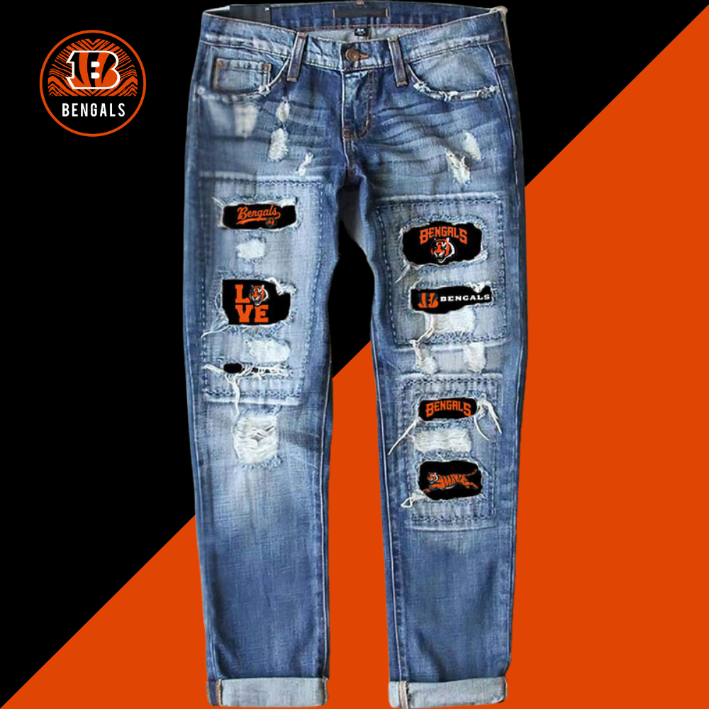 Casual fashion perforated printed jeans-Cincinnati Bengals - fitnfan